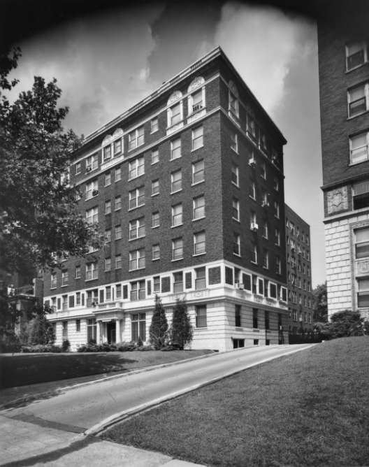 Exterior of Monticello Apartments, at 4535 Lindell Blvd. Henry R. Weisels Co., Realtors, 1957