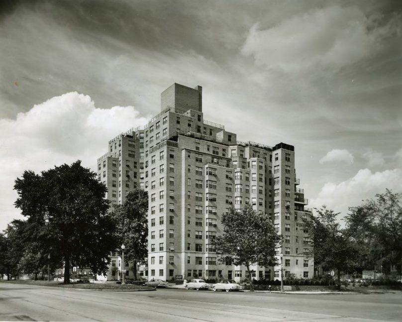Montclair Apartments - Exterior view of building, 1953
