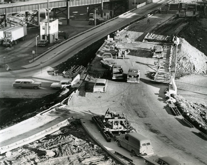 Work progresses on the new approach to link MacArthur Bridge directly to Chouteau avenue between Seventh and Eighth streets, 1960