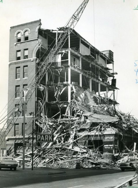 Halfway To Shambles,1968. This seven-story building at 10th and Lucas streets is being demolished and a parking lot will be built on the site, according to a spokesman for the Hayden Lumber and Wrecking Co. of East St. Louis.