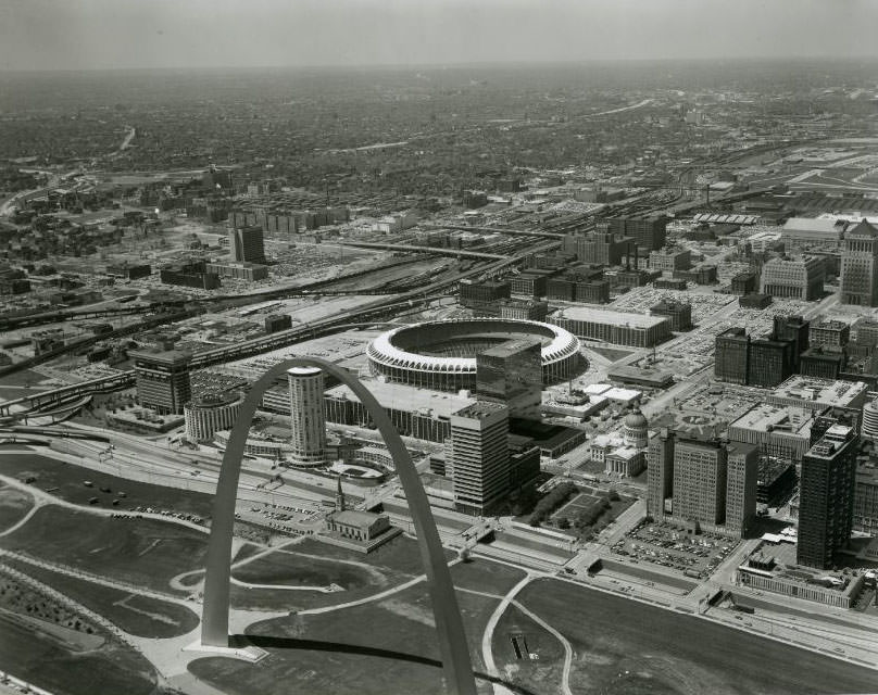 Aerial Picture of Gateway Arch and Busch Memorial Stadium, 1960