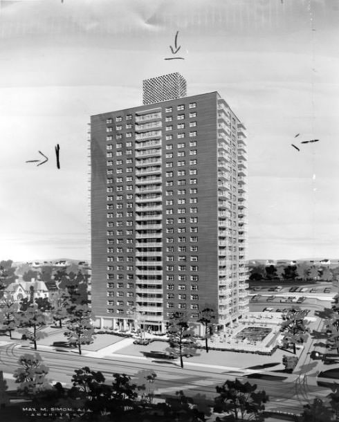 Luxury apartments to be built at 4466 West Pine bl.Architect's drawing (obverse), 1962