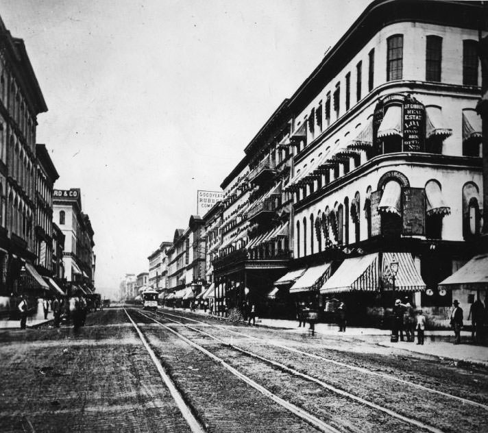 Fourth street looking north from Olive showing Everett House on right with porch, 1960