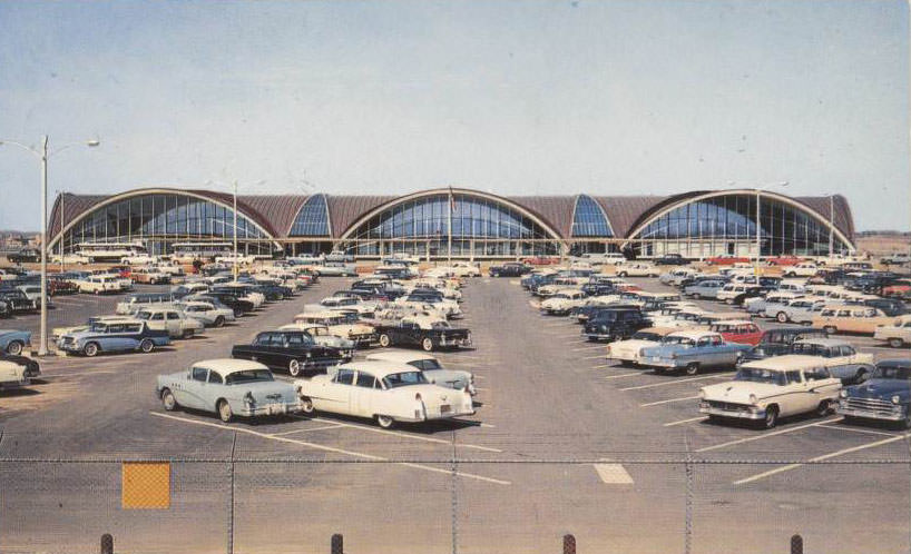 View of Airport Terminal Building and parking area, Lambert-St. Louis Municipal Airport, 1960