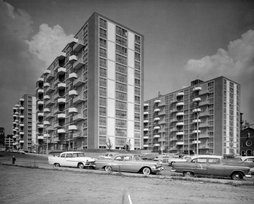 Plaza Apartments - Exterior street view, 1960