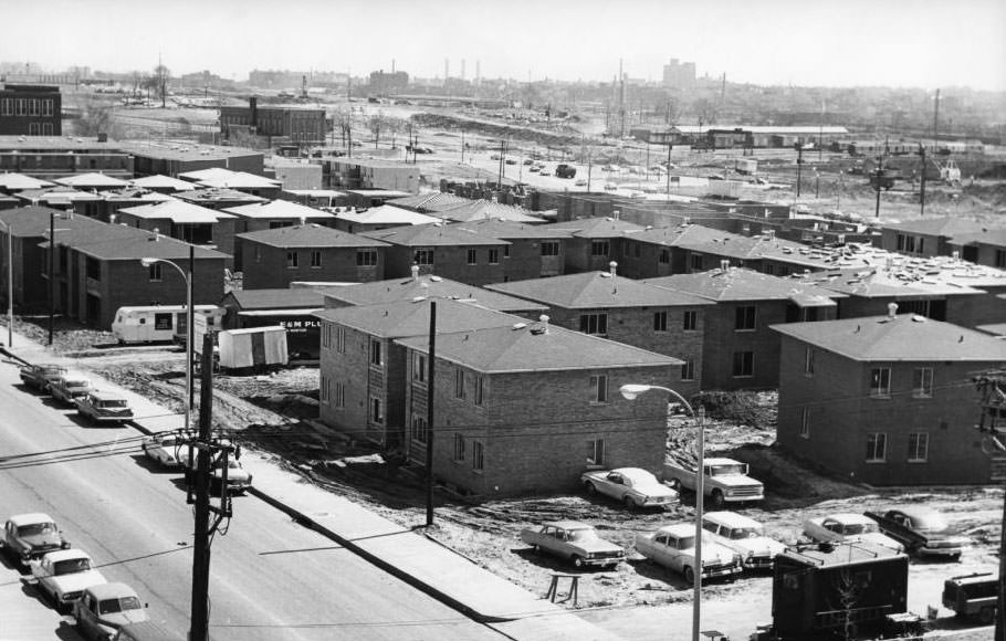 Nearing Completion Ahead of Schedule are the Grand Forest low-rise apartments in the Mill Creek Valley west of Compton avenue, 1960