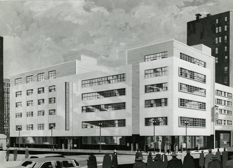 First National Bank in St. Louis proposed new store and office building at the southeast corner of Sixth and Locust streets is scheduled for completion, 1962.