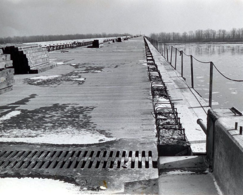 The railings along the eastbound lanes of the new Chain of Rocks Bridge (Interstate 270), which spans the Mississippi River in North St. Louis, 1960