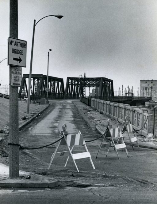 Barriers stop motorists at the 7th Street approach at the MacArthur Bridge, 1979