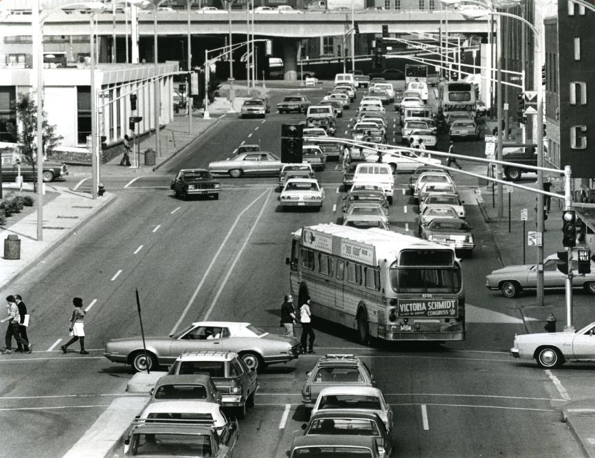 The traffic situation on Convention Plaza at about 4:45 p.m. Friday. The photo was taken from the 8th Street pedestrian overpass, looking east, 1978