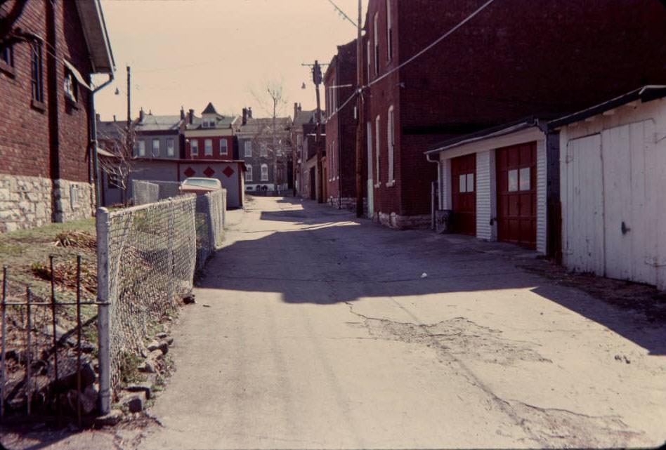 Alley between James & Victor Sts., looking south, 1977