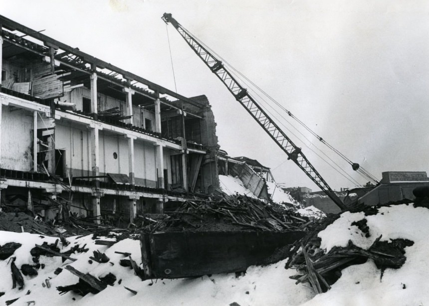 Demolition work at the old Mound City Ice and Cold Storage Co. building at 9th and Branch Streets will remove a landmark from North St. Louis, 1977