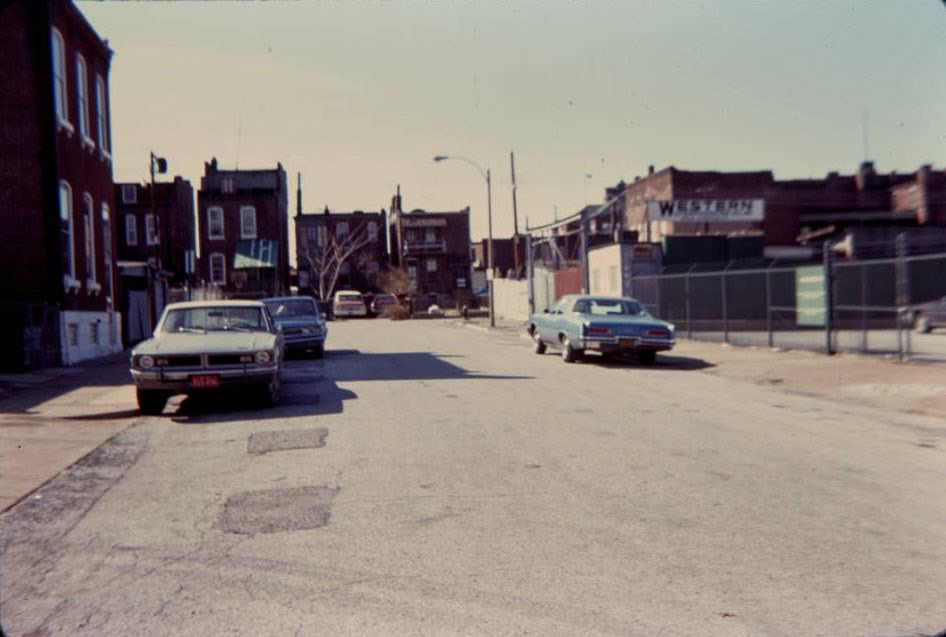 Cushing St. from Falstaff (Lemp) Brewery Parking Lot, looking west, 1977
