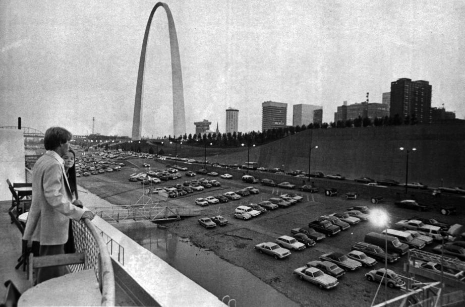 AThe St. Louis levee as seen from the top deck of the Admiral Steamboat. The Gateway Arch stands in the background, 1977