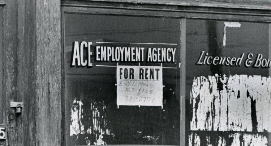A window in the 3300 block of Olive Street, there are either no jobs available or there are no unemployed, 1976