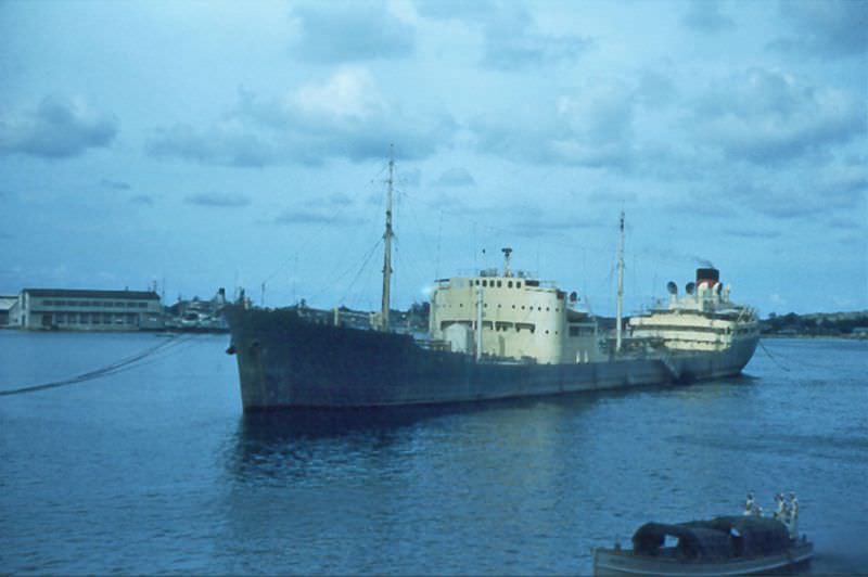 Commercial tanker was tied up in harbor, Kaohsiung, Taiwan, 1954