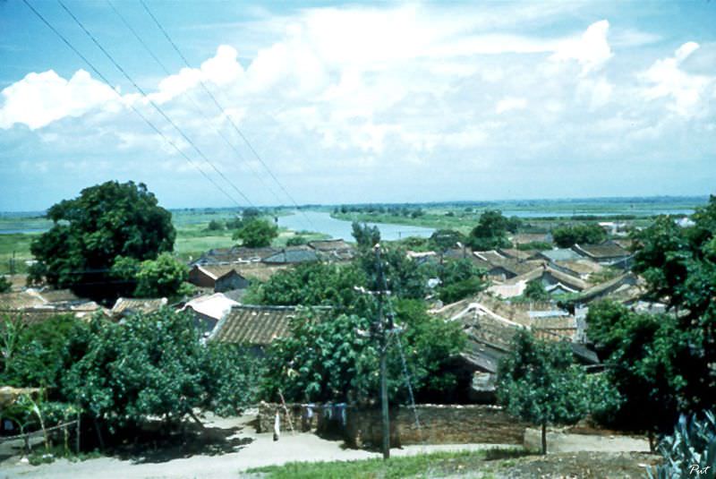 A view from a monastery showing the rooftops of the clustered houses below and the bay beyond, Taiwan, Tainan, 1954