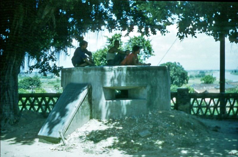 Pill box in the yard of a monastery, Tainan, Taiwan, 1954