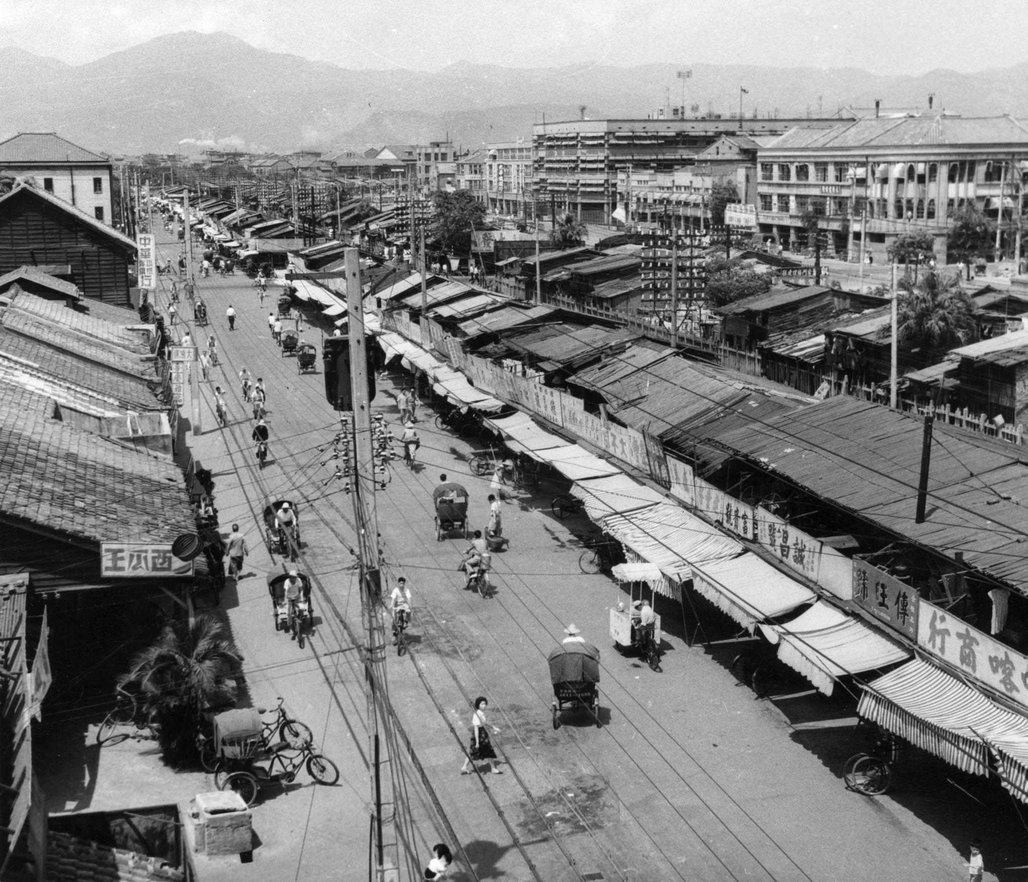 Shops on Chung Hwa Road, Taipei, Taiwan (Formosa), built mostly after 1949 by Chinese refugees from the mainland, 1950s