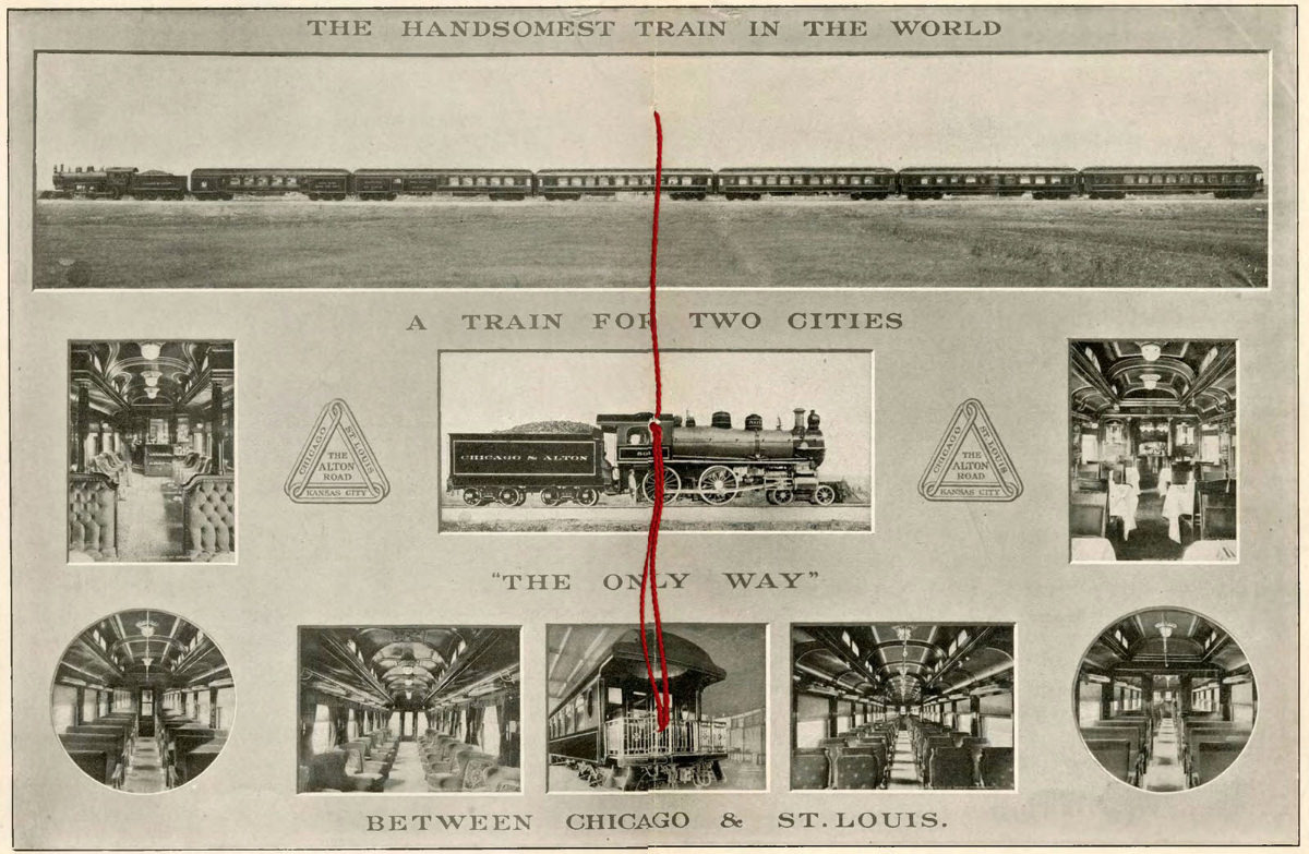 A spread from the Chicago & Alton pamphlet, “The Largest Photograph in the World of the Handsomest Train in the World,” including Lawrence’s image of the train.