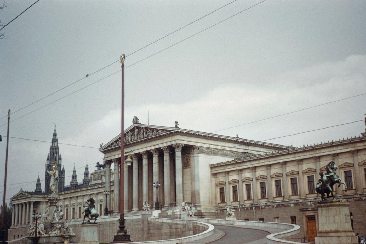 Exterior view of the Austrian Parliament Building on the Ringstrasse in Vienna, completed in 1883.