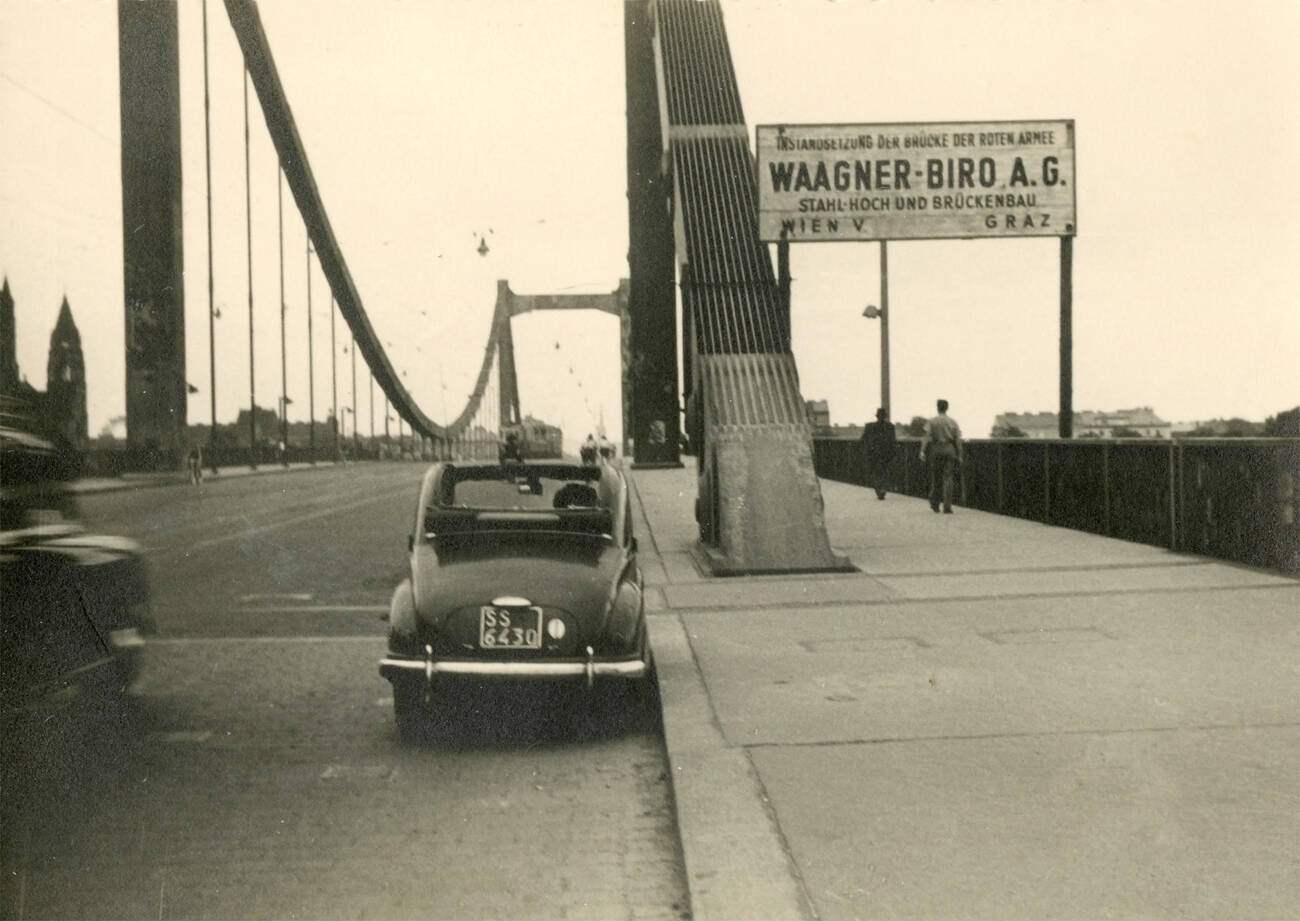 Bridge over the river Danube in Vienna, Austria, 1956.