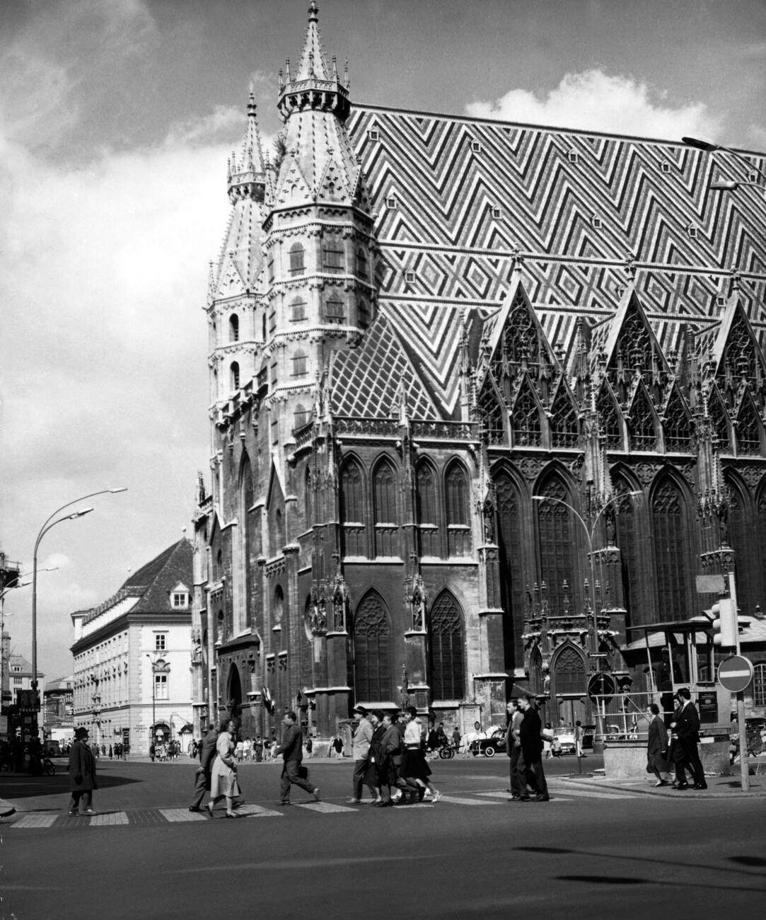 Stephansdom (St. Stephen's Cathedral) in Vienna, Austria, exterior view, 1950s.