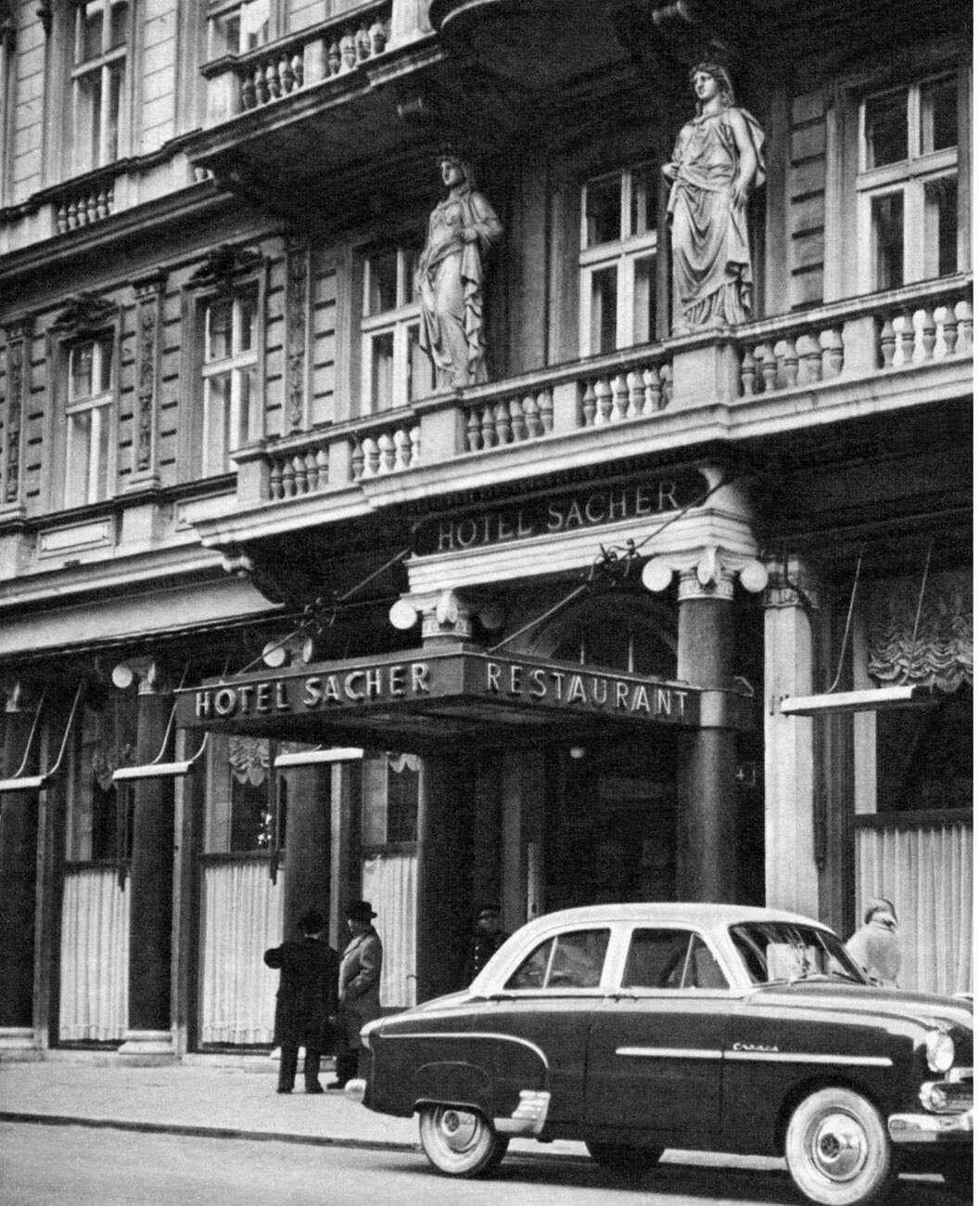 Hotel "Sacher" exterior view in Vienna, Austria, 1950s.