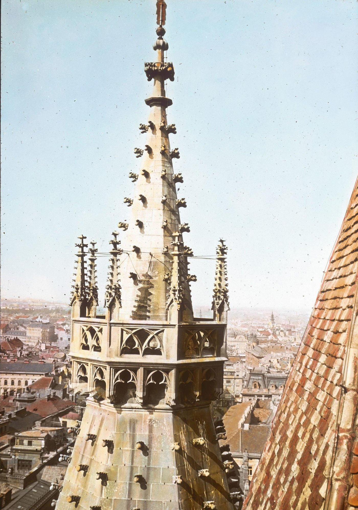 The pinnacle of the southern Heidenturm (Roman tower) of the St. Stephen's Cathedral in Vienna's first district, 1900.