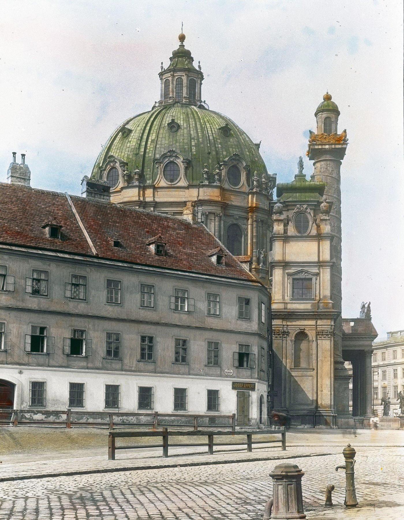 The Karlskirche (St. Charles' Church) located on Karlsplatz. Wieden. Vienna, 4th district, 1900.