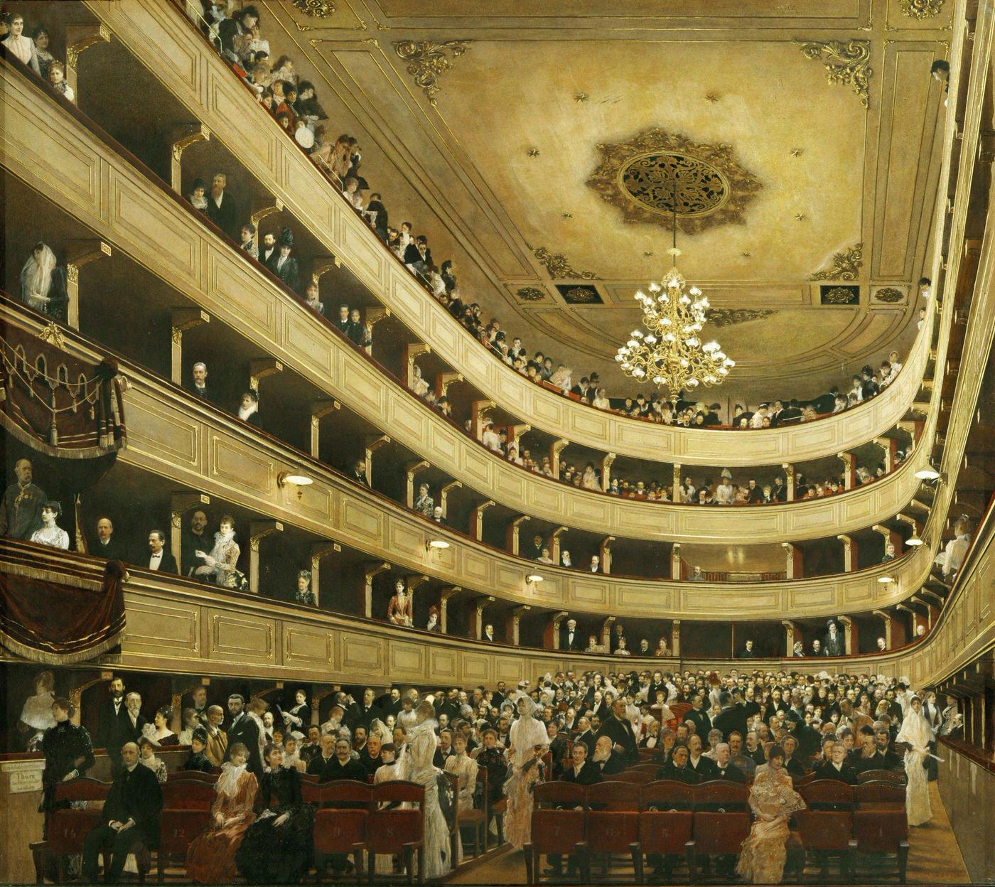 Auditorium in the "Altes Burgtheater", the old Court Theatre, replaced by a new building in 1888.