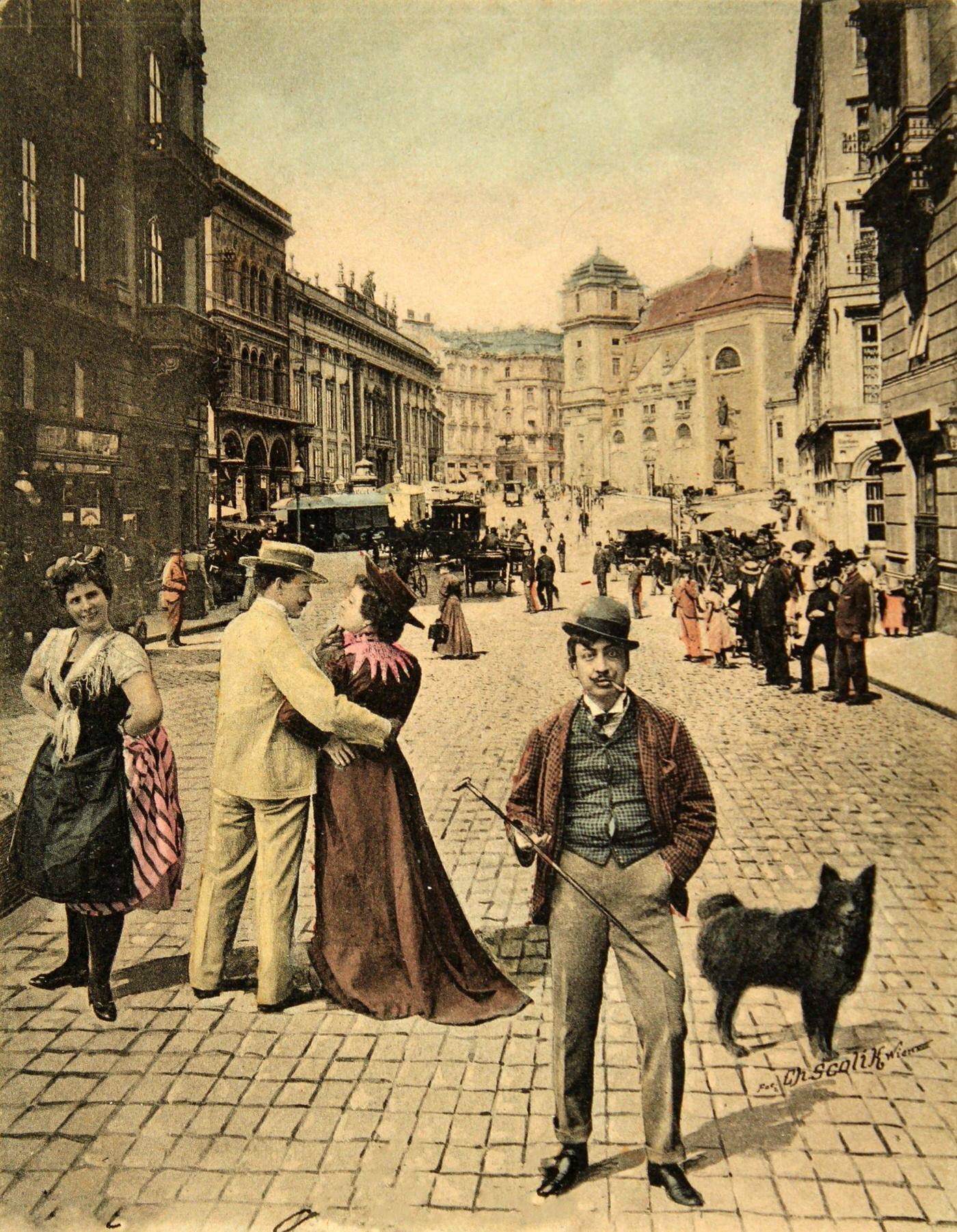 Greetings from Vienna, Freyung. Colored photomontage with mounted staffage, Vienna. 1903.