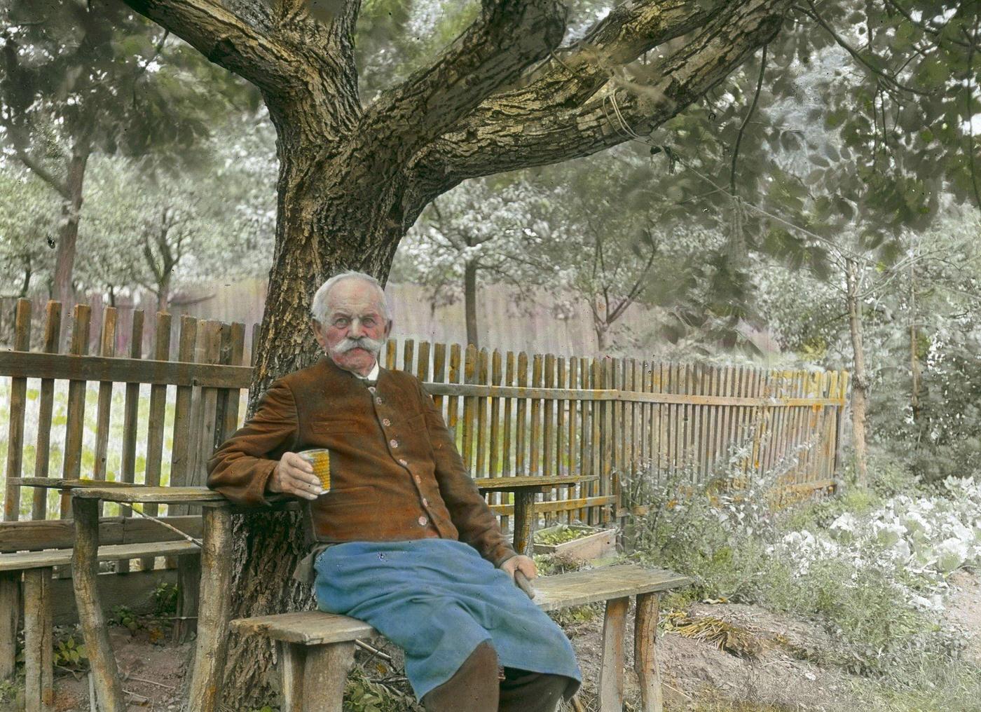 Elderly winemaker sitting on a bench. Hand-colored lantern slide, 1905.