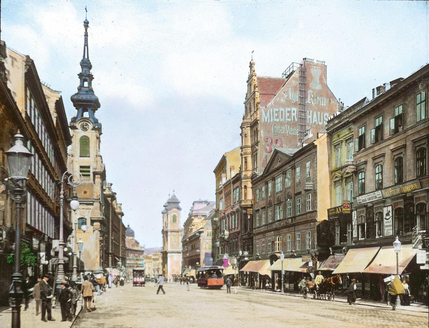 Mariahilferstrasse, with the old Laimgrubenkirche in the background. Vienna's 6th district, 1905.