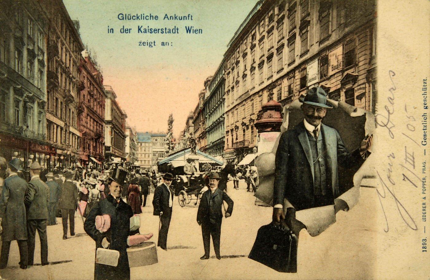 Vienna with mounted accessories, indicating "Happy arrival in the imperial city of Vienna" from 1905.