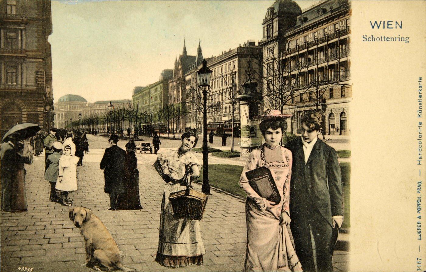 Vienna's Schottenring from 1905 with mounted staffage.