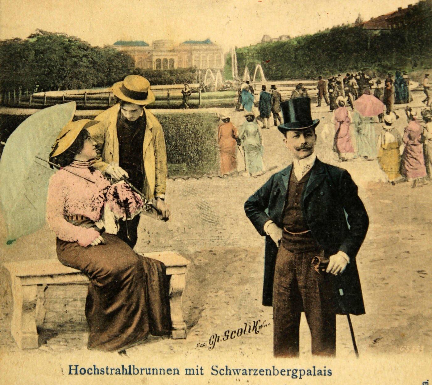 Vienna's Hochstrahlbrunnen with Schwarzenberg Palace from 1905.