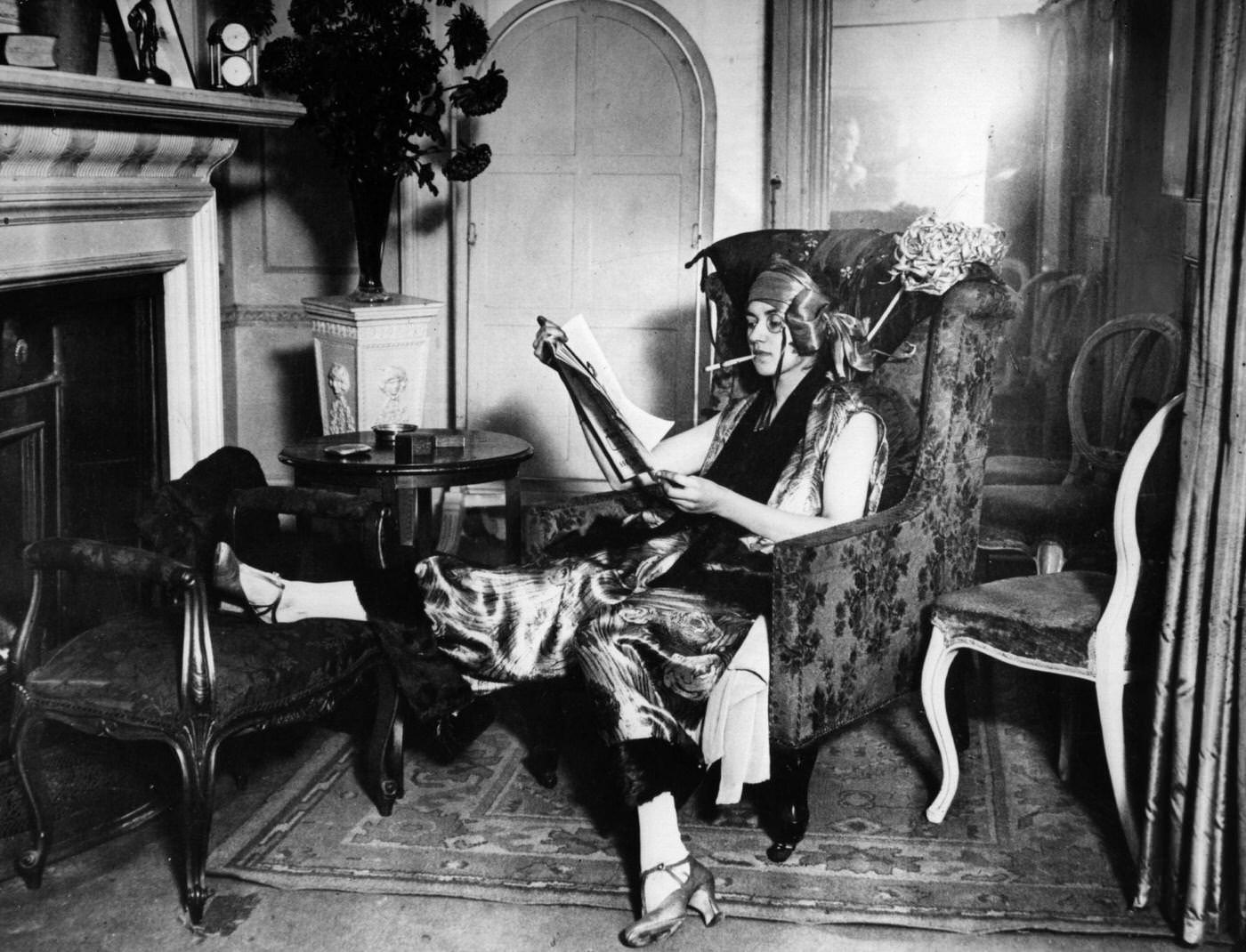 Stylish Lady in Smoking Suit, Enjoying a Cigarette by the Fireplace