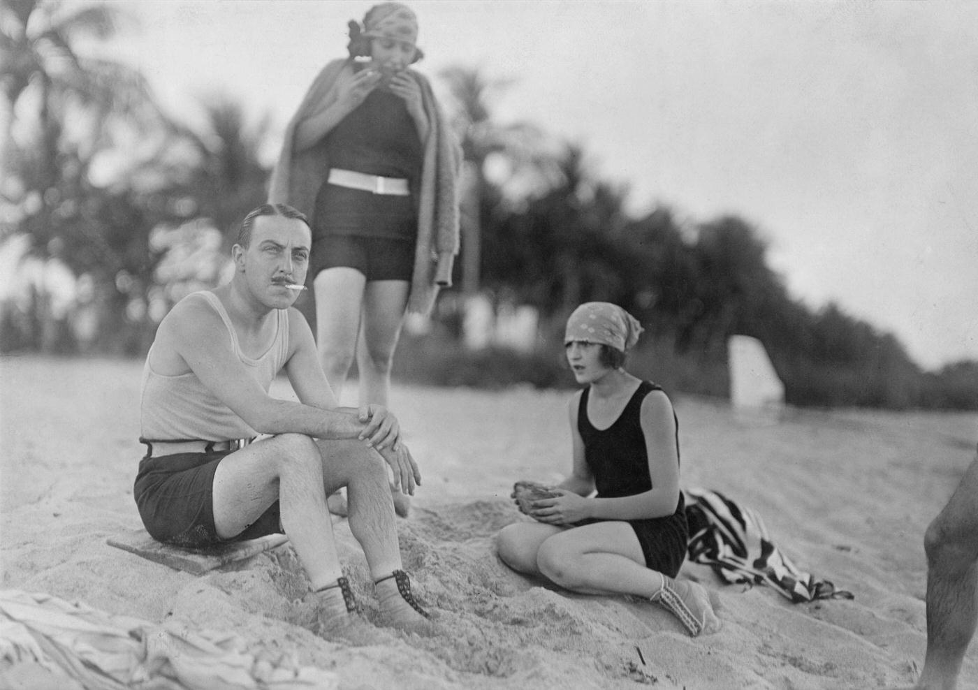 Actors' Vacation in Miami Beach, 1923: Millie Muller, Beatrice Coburn, and Fred Hadley with Cigarettes