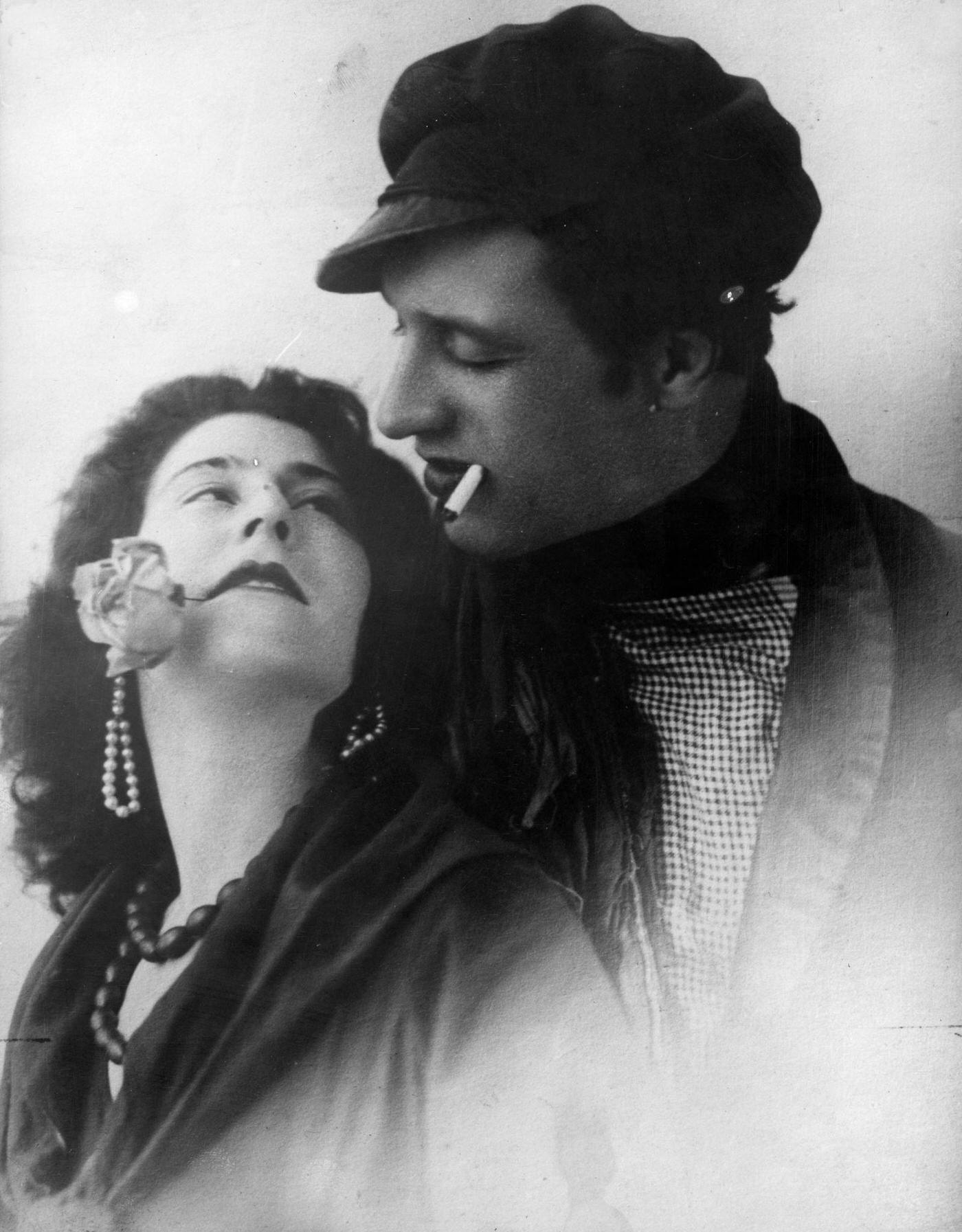 Seductive Gaze of a Couple in Love, 1925: Cigarette, Rose, and Intense Connection