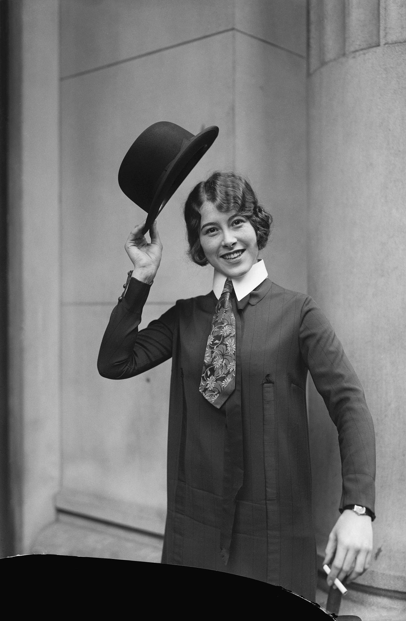 Flapper with Necktie and Bowler Hat, London 1925: Embracing Bold Fashion with a Cigarette