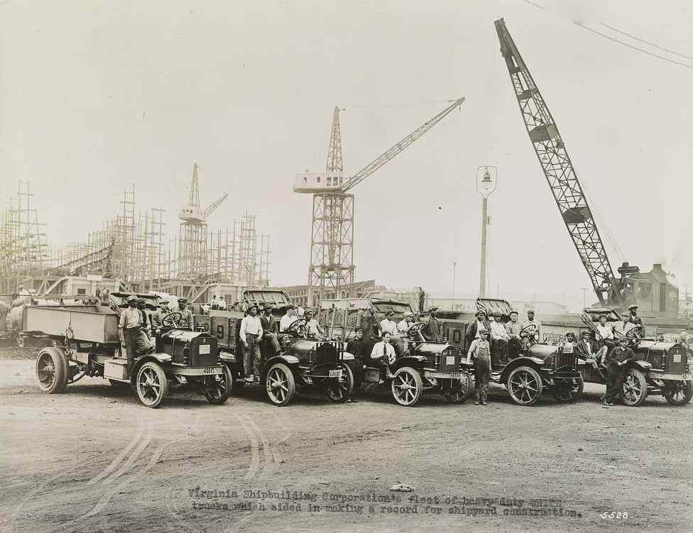 Virginia Shipbuilding Corporation's fleet of heavy duty White trucks which aided in making a record for shipyard construction, 1918