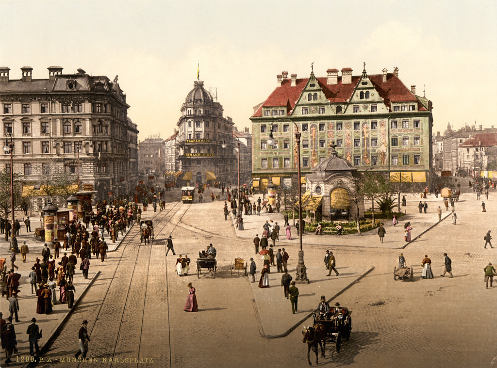 Karlsplatz (Stachus), view towards Central Station, Munich, Bavaria