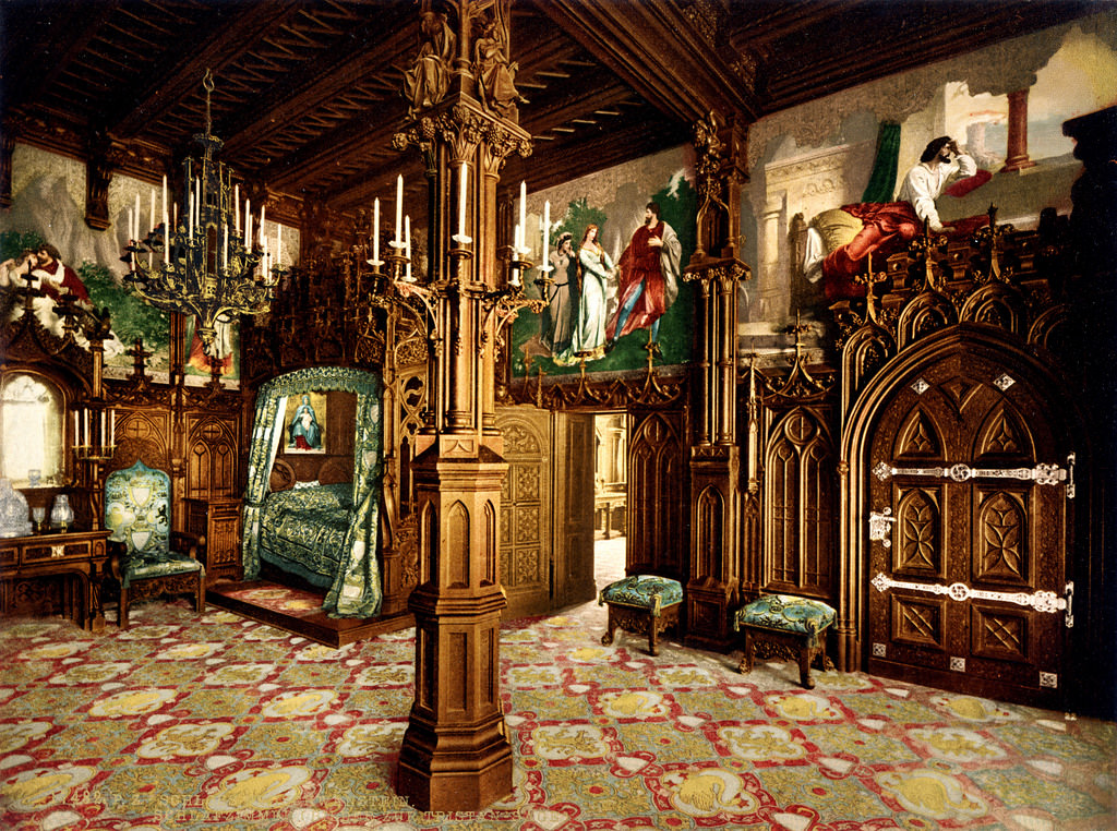Bedroom with pictures of Tristan story, Neuschwanstein Castle, Upper Bavaria