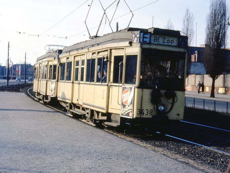 A 1929-built WWII survivor with a second motor car used as a trailer, Berlin, 1954