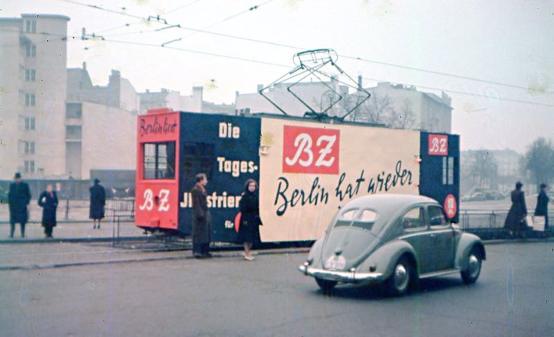 A tram wrapped for Berlin's biggest circulation tabloid, Berlin, 1954