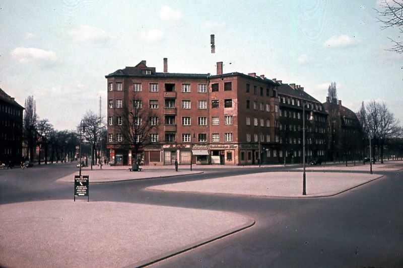 Berlin street scenes with British military sign in foreground, 1954