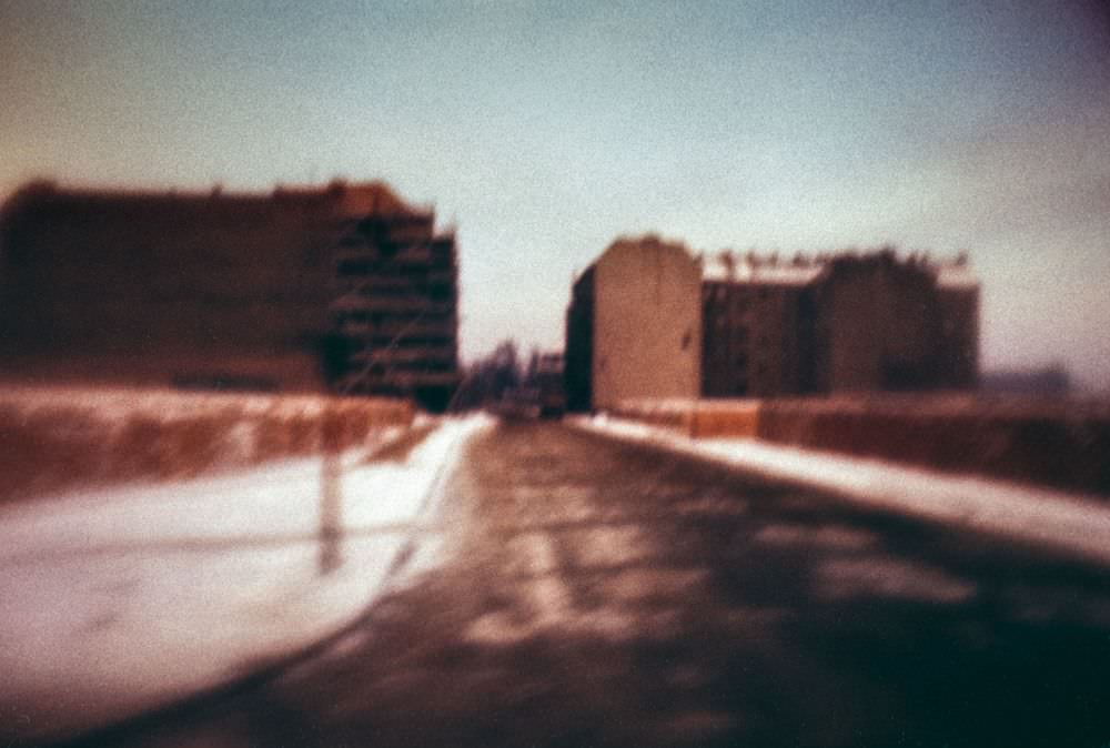 Berlin, winter 1956. Many of these images (like this one) were shot from inside moving vehicles, but while sharpness and composition leave something to be desired, the spontaneous snapshot approach reveals unusual details, creating an atmospheric effect.
