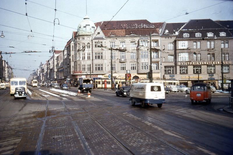 The Steglitz Schlossstrasse shows tram and trolley coach (O-Bus) overhead, Berlin, 1954