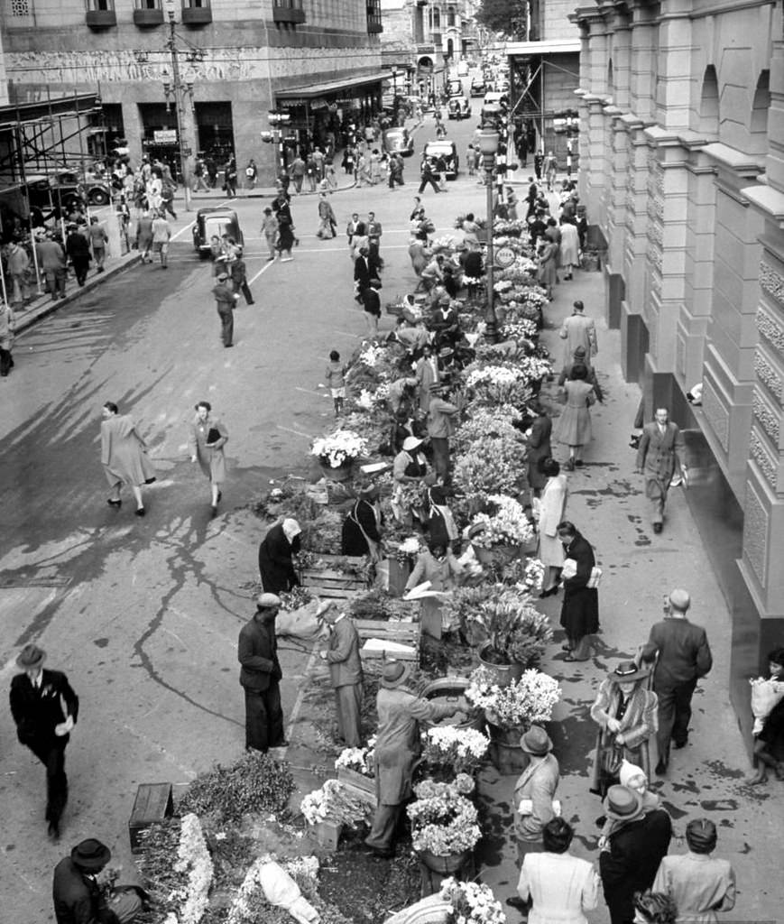 Flowersellers doing their thing in Parliament street. The back walls of the Standard Bank (still there today) can be seen on the right hand side.